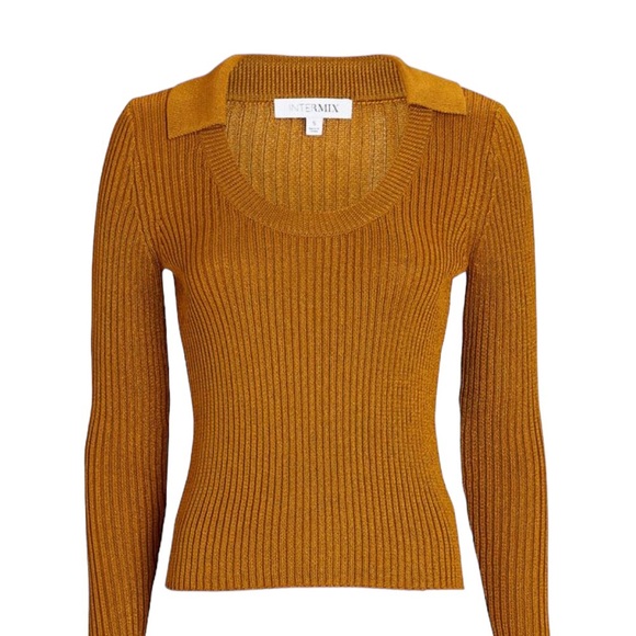 Intermix Collared Scoop Neck Copper Orange Ribbed Knit Cropped Sweater Top - S - Picture 4 of 15